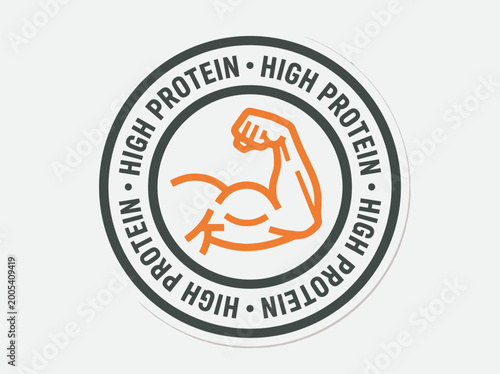 Modern High Protein Graphic Element with Stylized Bicep Line Art and Orange Accents for Digital Health Platforms and Apps
