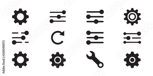 Settings and tools vector icon set, gear, wrench, and equalizer symbols, isolated on transparent background.
