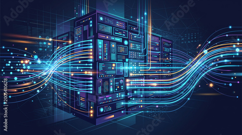 Abstract Server Rack with Glowing Data Lights Pulsing Across Cabling