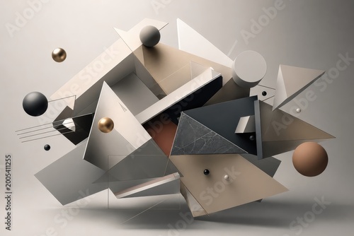 Abstract geometric composition of translucent cubes, spheres, and cylinders in modern minimalist 3D design with gradient lighting, futuristic architectural concept for digital art, branding, and
