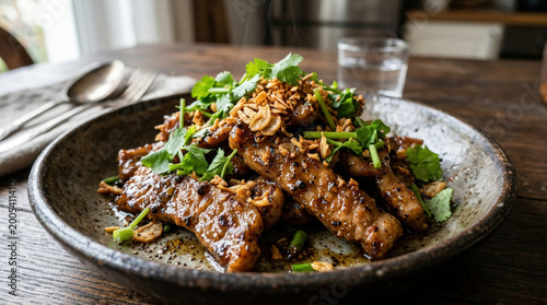 Garlic pepper pork served on rustic plate garnished with fresh cilantro and crispy fried garlic, creating flavorful and appetizing dish with home cooked feel