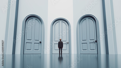 Man standing facing three huge doors representing business choice decision making and future opportunities, 3d render