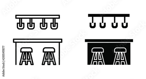 Outline and solid bar counter with stools and hanging glasses icons representing hospitality nightlife and entertainment venues