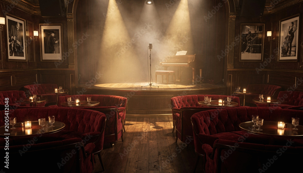 Αυτοκόλλητο Empty Stage in a Moody Jazz Club with Spotlight and Piano at Night