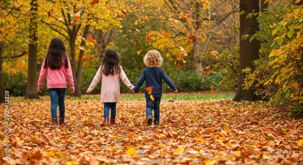 Naklejka premium Children walking in autumn leaves.