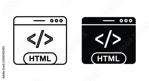 HTML code tag icon within browser window outline and solid versions vector graphic for programming web design development and markup language representation in user interfaces