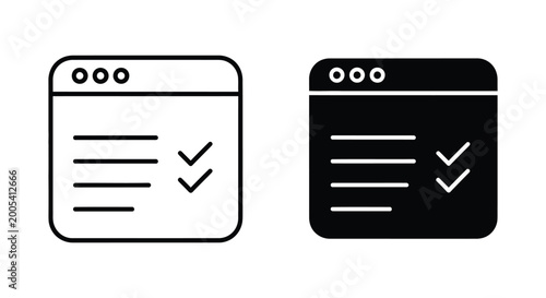 Web browser window with checklist and checkmarks vector icon set for task management