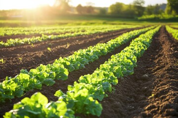 Fresh rows of lettuce grow in a green field under sunlight in a rural area during the day