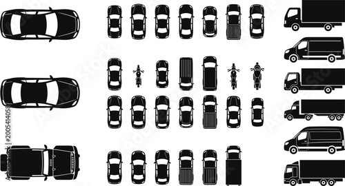 Slika na platnu Top view vehicle silhouettes collection with cars motorcycles trucks vans and tr