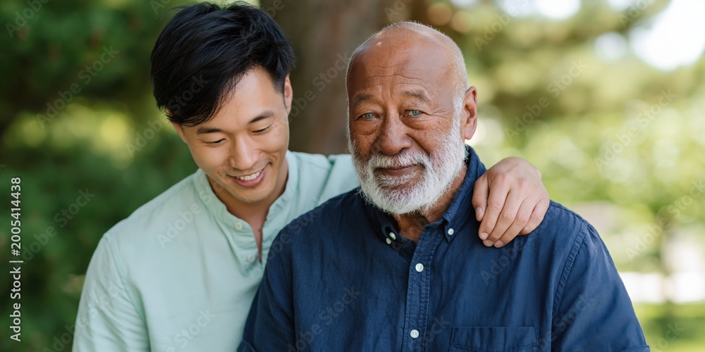 Fototapeta premium Younger man embracing older bearded man in park under trees