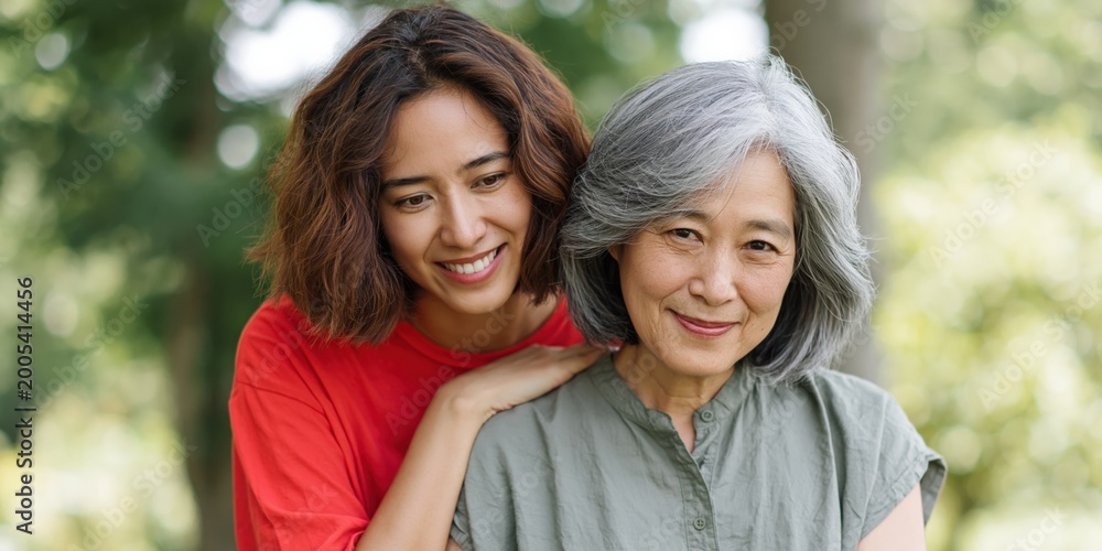 Fototapeta premium Young woman and older woman smiling together in park