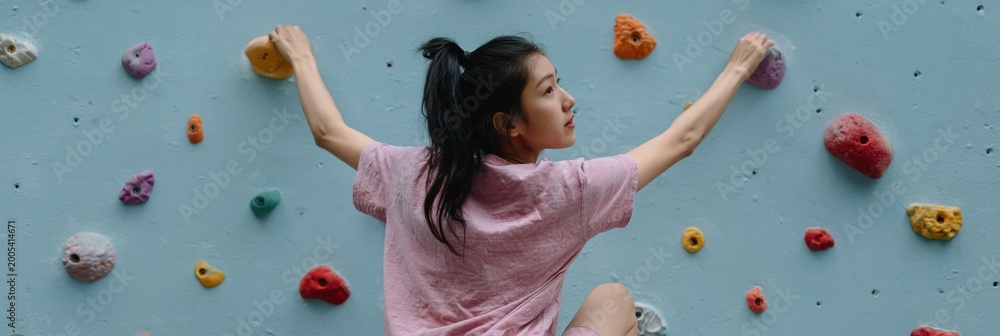 Fototapeta premium Young woman climbing on indoor bouldering gym wall