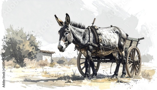 Donkey in harness attached to an old cart in arid setting