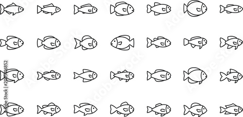 Εκτύπωση καμβά Minimal fish line icon set with simple marine animal outlines, small aquatic sym