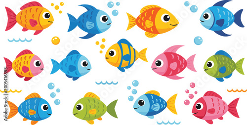 Fotografie Cute colorful cartoon fish set with smiling tropical sea animals, playful charac