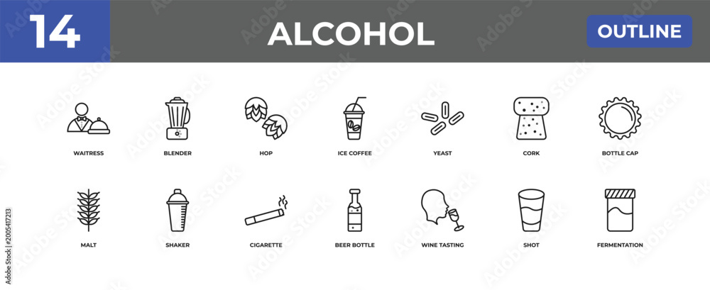 Obraz premium outline alcohol icons set - waitress, blender, shot. editable vector for web and mobile ui
