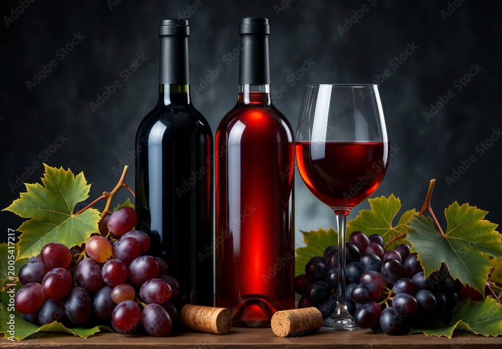 Obraz premium Red and rose wine bottles with fresh grapes and glass on dark background