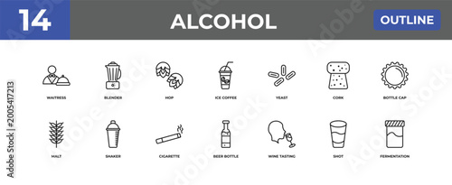 outline alcohol icons set - waitress, blender, shot. editable vector for web and mobile ui