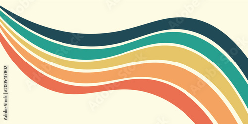 Abstract colorful 70s background vector. Vintage retro wallpaper with rainbow stripes and wavy lines. A 1970 color illustration suitable for posters, banners, decorative items and wall art.
