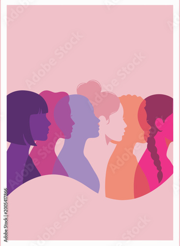 Diverse Profile Silhouettes of Women in Gradient Purple and Pink Tones Representing Sisterhood and Feminism