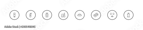 Fényképezés outline beauty icons set - french perfume, inclined lipstick, three stones
