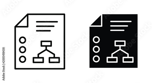 Document with flowchart icon for process and organization in outline and solid black vector