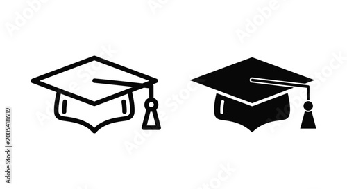 Graduation cap icon in thin line and solid black styles symbolizing education achievement and academia