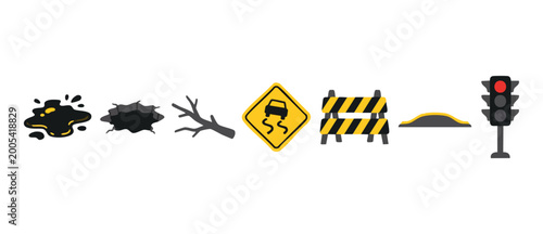 Photography Road Hazards and Traffic Icons Set: Potholes, Roadblocks, and Safety Signs for U