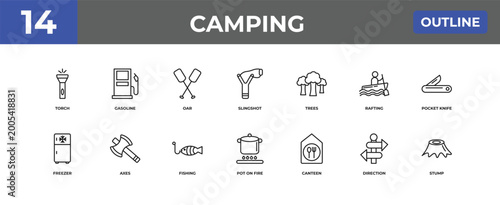 Canvas Print outline camping icons set - torch, gasoline, direction