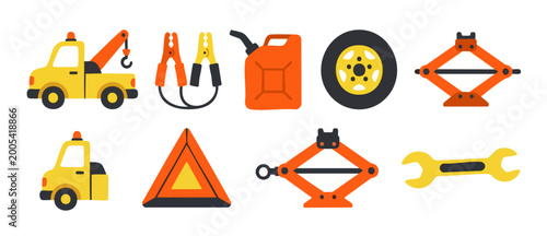 Foto Roadside Assistance Icons Set, Car Emergency Equipment and Repair Tools, Flat Ve
