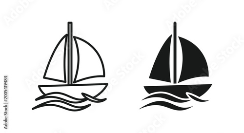 Sailboat boat on waves simple outline and solid black icon set for nautical travel and maritime adventure vector illustration