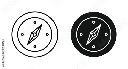 Compass navigational tool simple outline and solid black icon set for direction travel and exploration vector illustration
