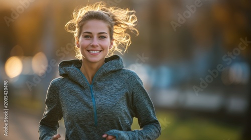 Cardio sports exercise, healthy lifestyle. A woman jogging in a park at sunset, wearing a hoodie and with her hair in a ponytail. The background is blurred.