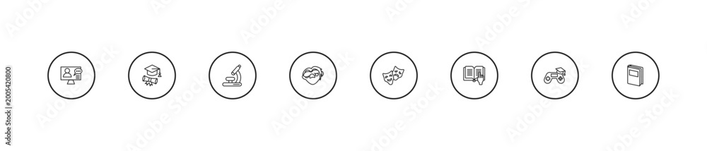 Obraz premium outline education icons set - biology microscope, quasimodo, drama. editable vector for web and mobile ui