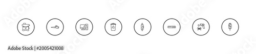 Photos outline electronic devices icons set - personal computer, trash compactor, activity tracker