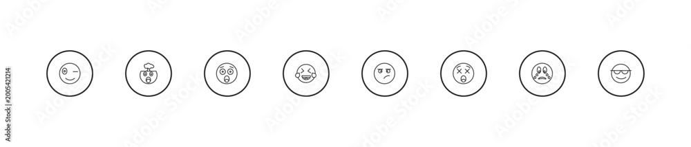 Fototapeta premium outline emoji icons set - hushed emoji, laughing emoji, annoyed editable vector for web and mobile ui