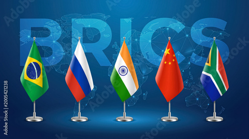 BRICS member countries flags with world map for global economy, trade, geopolitics and international summit concept. 