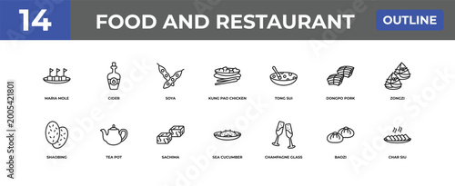 Foto outline food and restaurant icons set - maria mole, cider, baozi