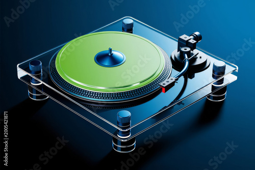 A modern record player made of transparent acrylic glass in lime green and cobalt blue glows against a dark background and offers space for text. Digital design.