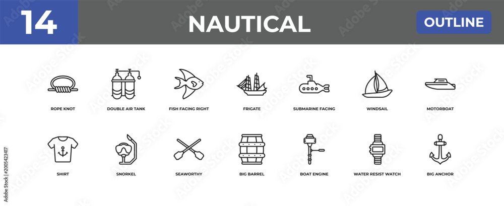 Naklejka premium outline nautical icons set - rope knot, double air tank, water resist watch. editable vector for web and mobile ui