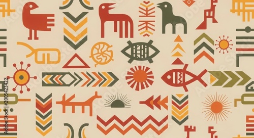 vibrant ethnic tribal patterns and animal silhouettes seamless vector background