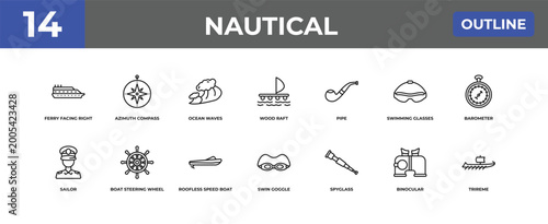 фотографія outline nautical icons set - ferry facing right, azimuth compass, binocular