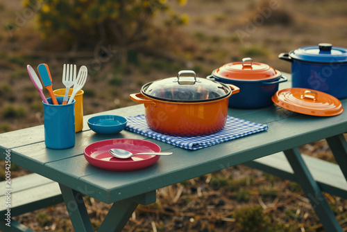 Picnic table topped with pots and utensils.
