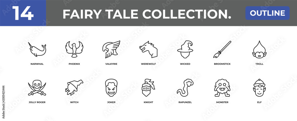 Fototapeta premium outline fairy tale collection. icons set - narwhal, phoenix, monster. editable vector for web and mobile ui