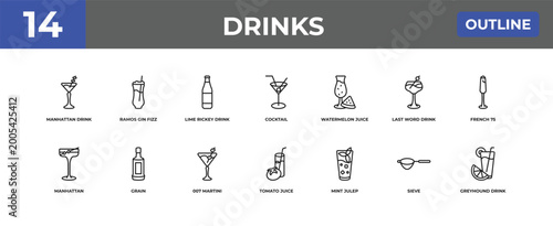 Cuadro en lienzo outline drinks icons set - manhattan drink, ramos gin fizz, sieve