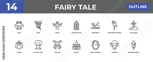 Photos outline fairy tale icons set - toad, fairy, vampire