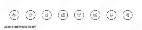 Foto outline fairy tale icons set - yeti, griffin, talking tree