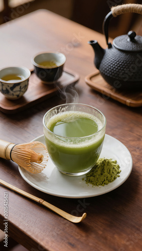 Steaming Matcha Green Tea with Traditional Japanese Ceremony Tools