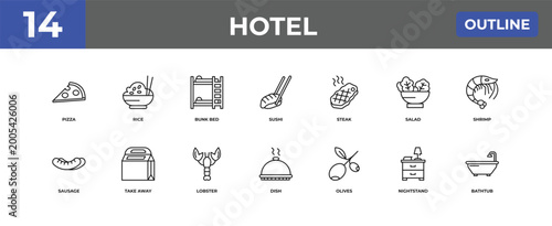 Photos outline hotel icons set - pizza, rice, nightstand