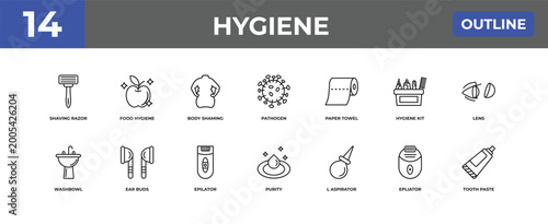 Foto outline hygiene icons set - shaving razor, food hygiene, epliator